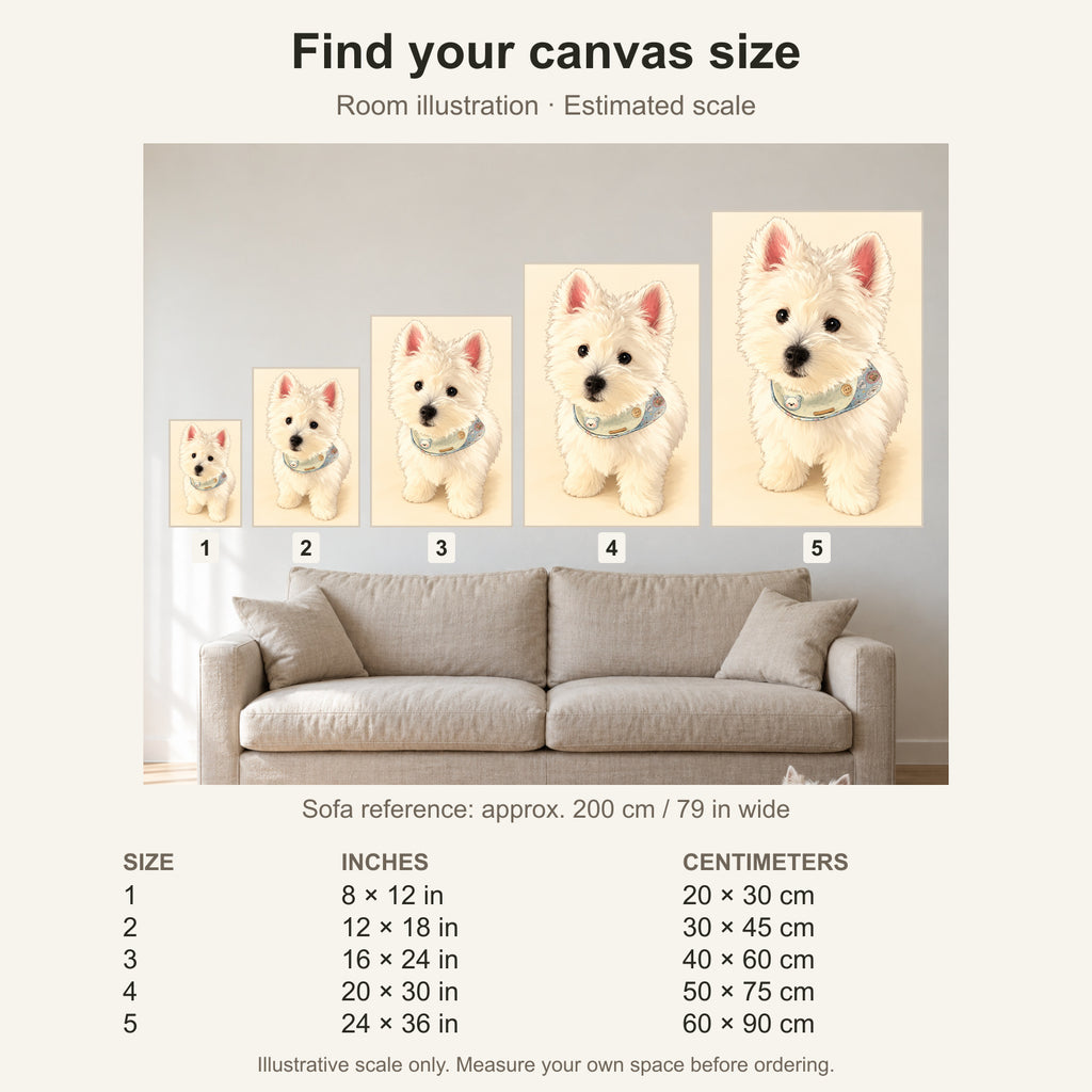 Custom Anime Illustration Pet Portrait Canvas — five canvas sizes with estimated sofa scale