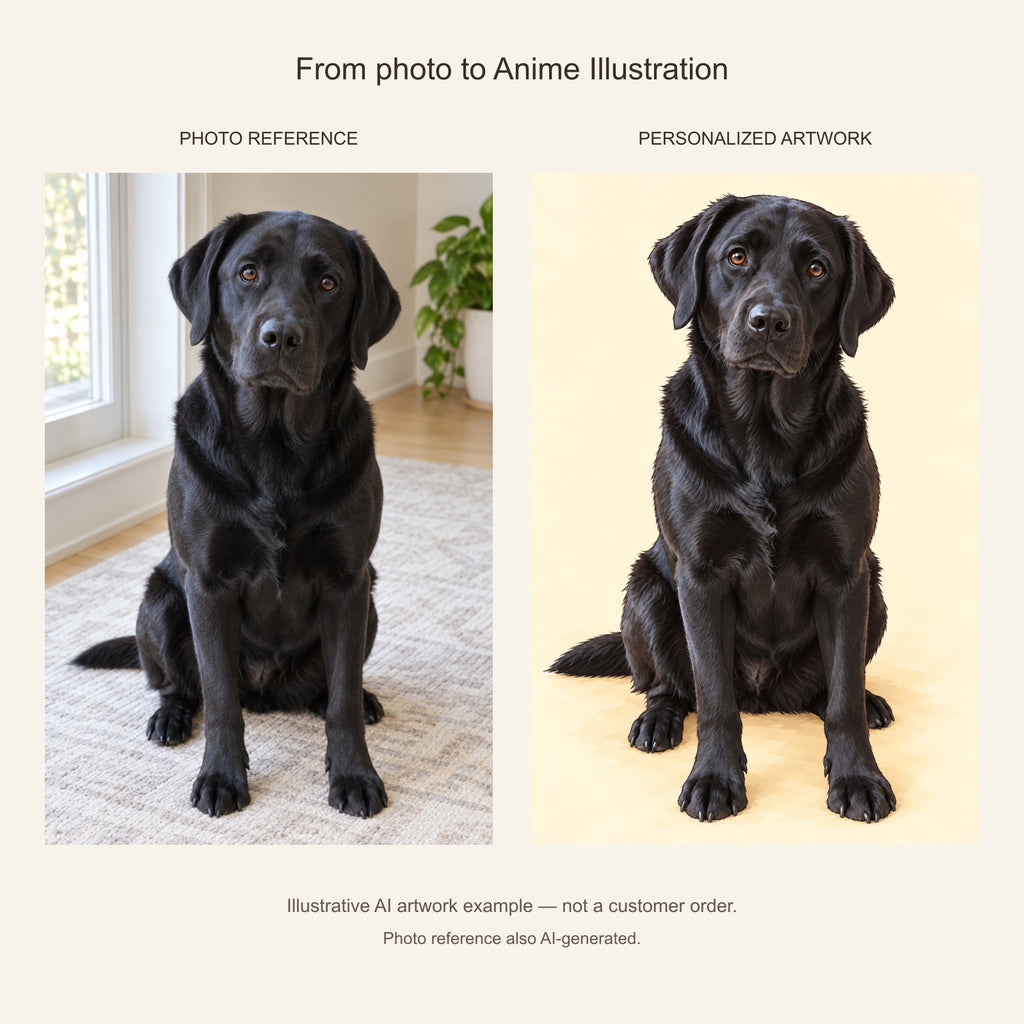 Custom Anime Illustration Pet Portrait Canvas — black Labrador AI photo reference and AI artwork example; not a customer order