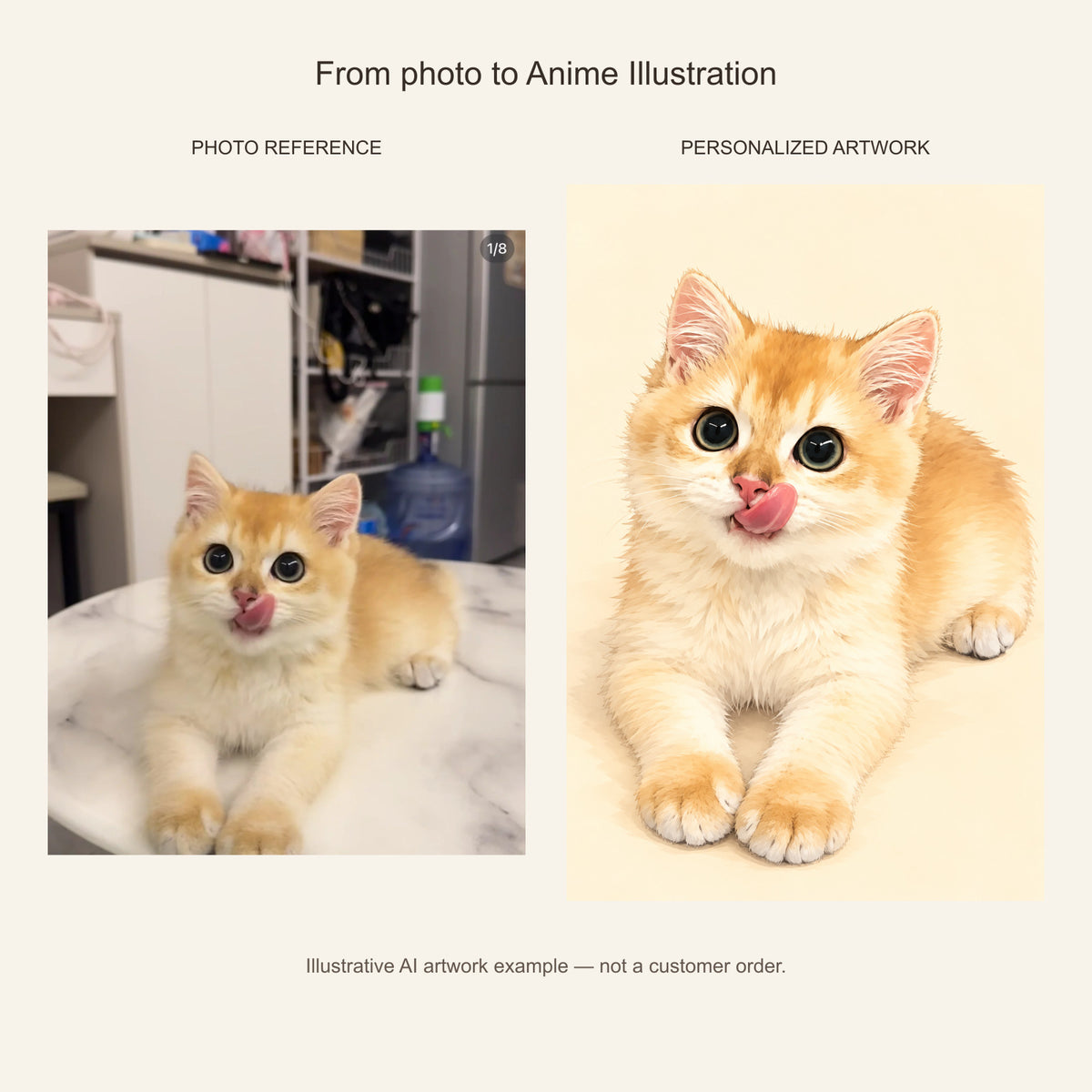 Custom Anime Illustration Pet Portrait Canvas — cat photo reference and AI artwork example; not a customer order