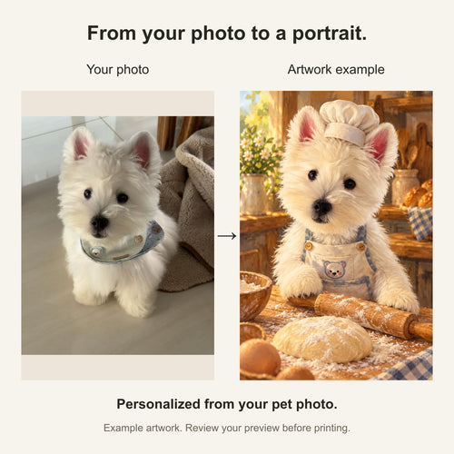 Custom Baker Pet Portrait Canvas — original photo and artwork comparison