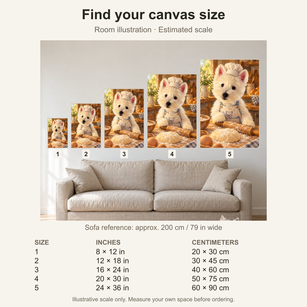 Custom Baker Pet Portrait Canvas — five canvas sizes with estimated sofa scale