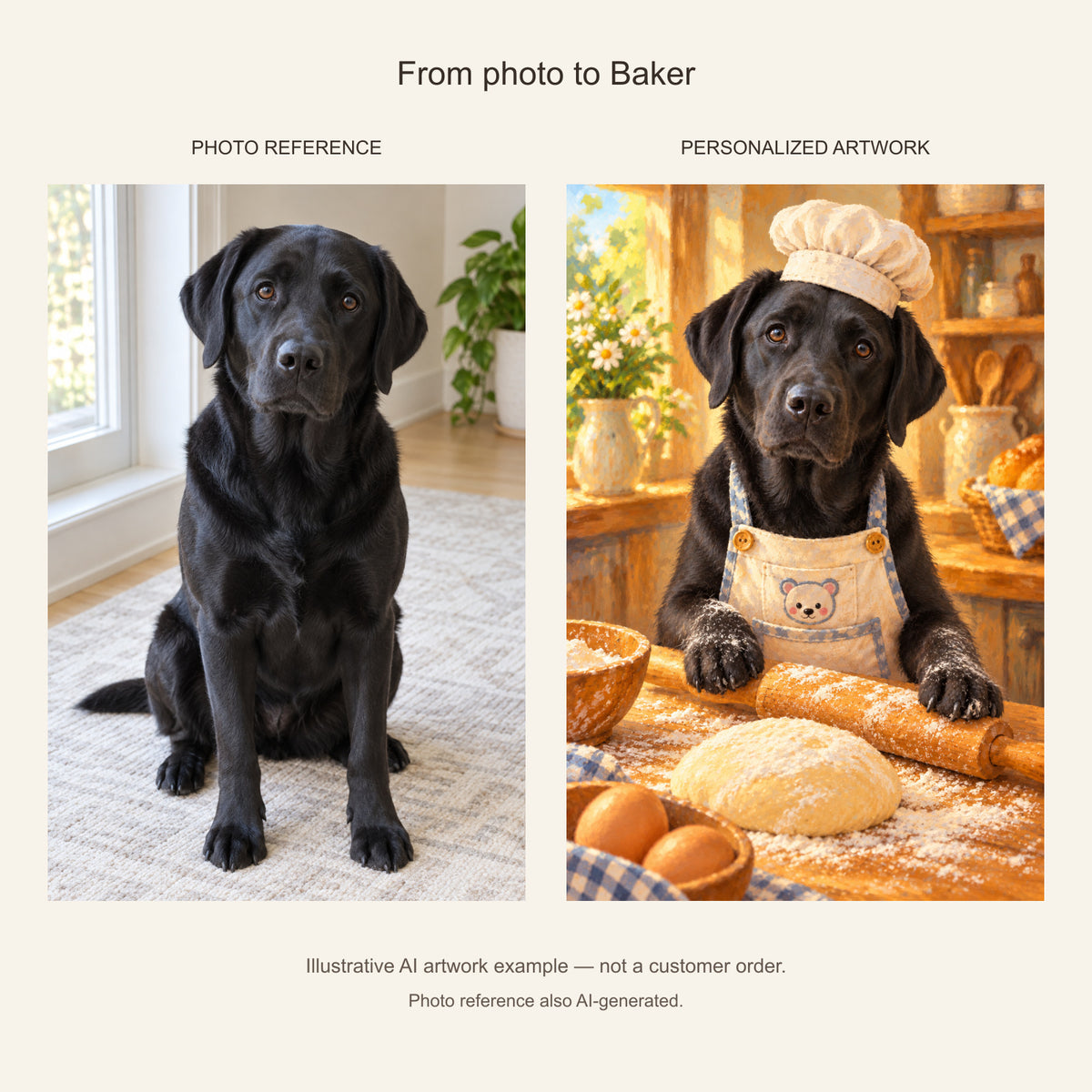 Custom Baker Pet Portrait Canvas — black Labrador AI photo reference and AI artwork example; not a customer order