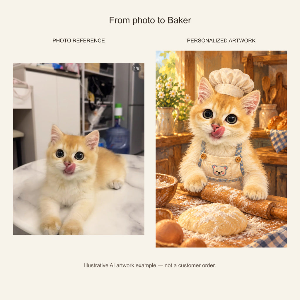 Custom Baker Pet Portrait Canvas — cat photo reference and AI artwork example; not a customer order