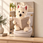 Custom Bathroom Newspaper Pet Portrait Canvas — illustrative stretched canvas mockup, no decorative outer frame