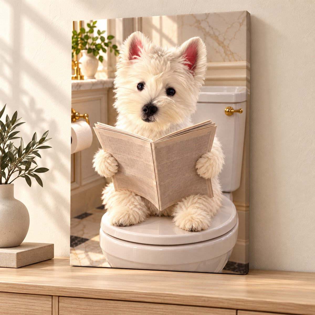 Custom Bathroom Newspaper Pet Portrait Canvas — illustrative stretched canvas mockup, no decorative outer frame