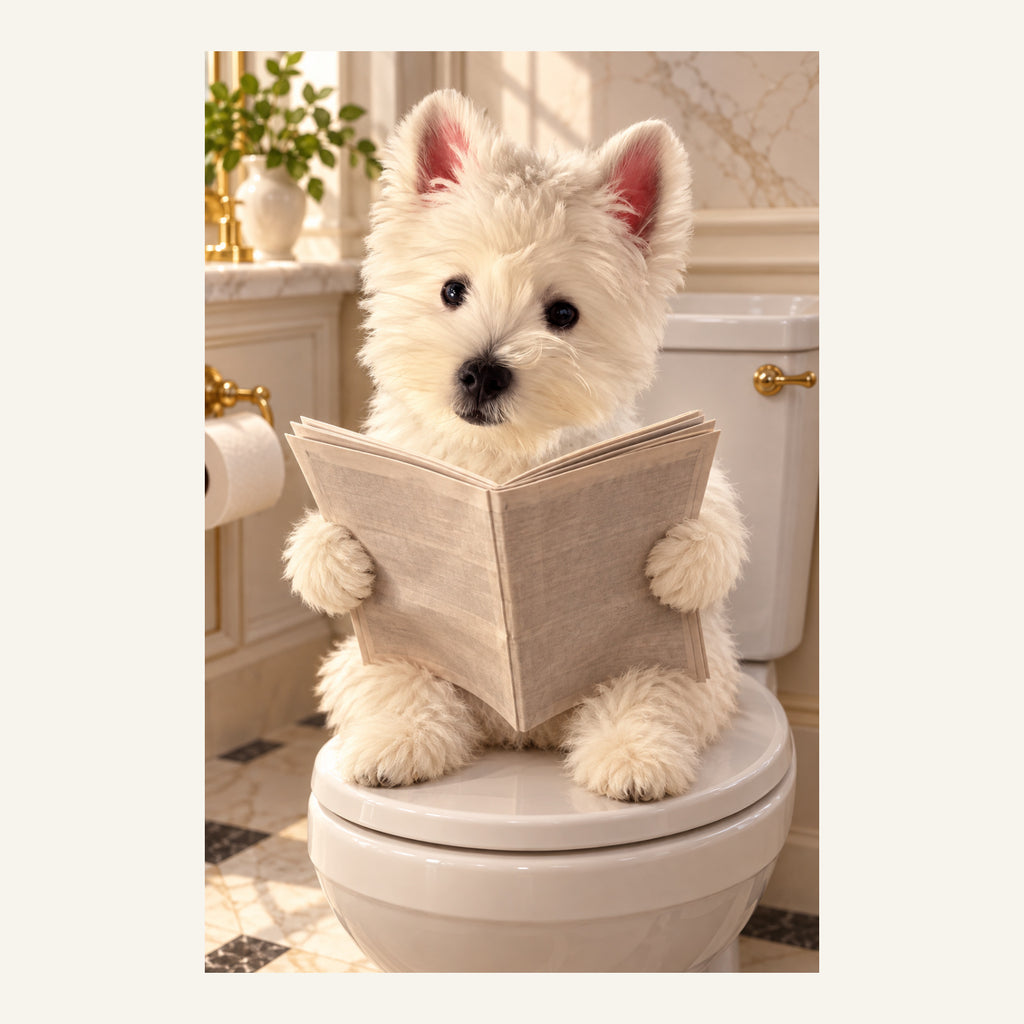 Custom Bathroom Newspaper Pet Portrait Canvas — complete artwork example
