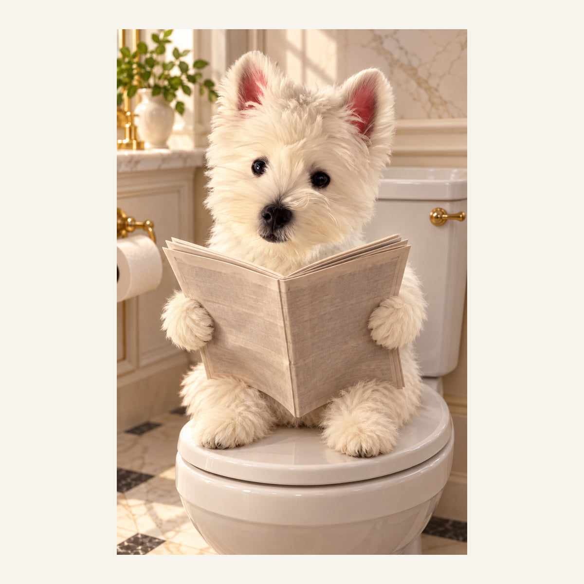 Custom Bathroom Newspaper Pet Portrait Canvas — complete artwork example