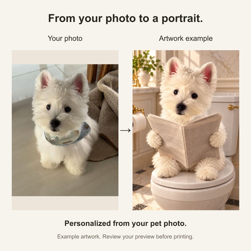 Custom Bathroom Newspaper Pet Portrait Canvas — original photo and artwork comparison