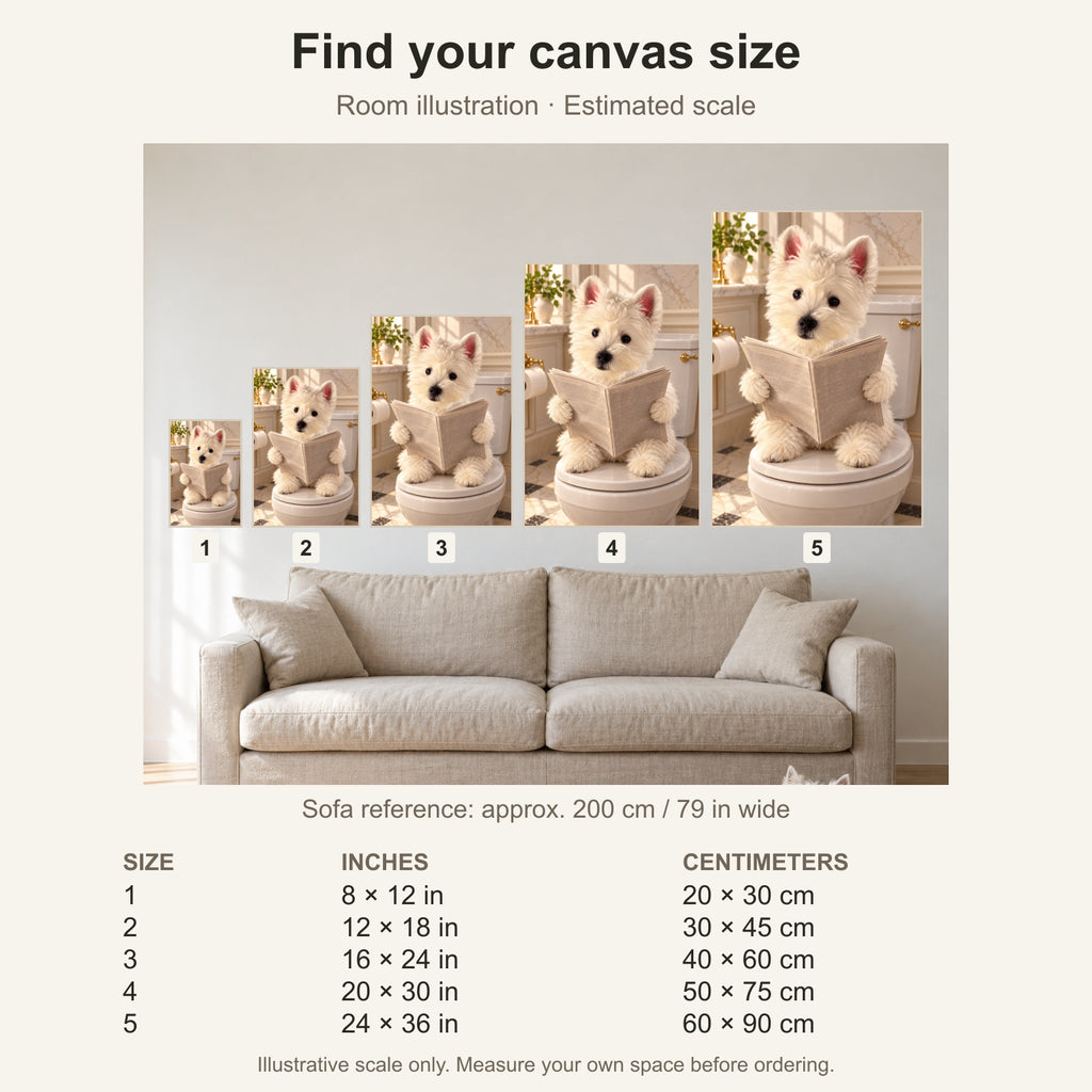 Custom Bathroom Newspaper Pet Portrait Canvas — five canvas sizes with estimated sofa scale
