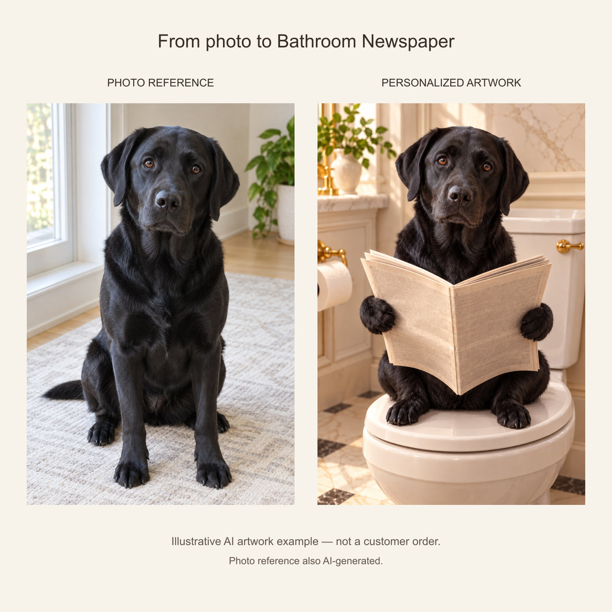 Custom Bathroom Newspaper Pet Portrait Canvas — black Labrador AI photo reference and AI artwork example; not a customer order