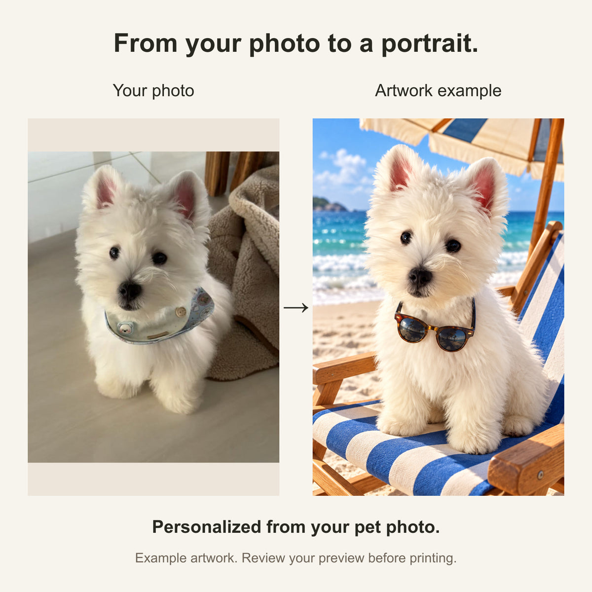 Custom Beach Vacation Pet Portrait Canvas — original photo and artwork comparison
