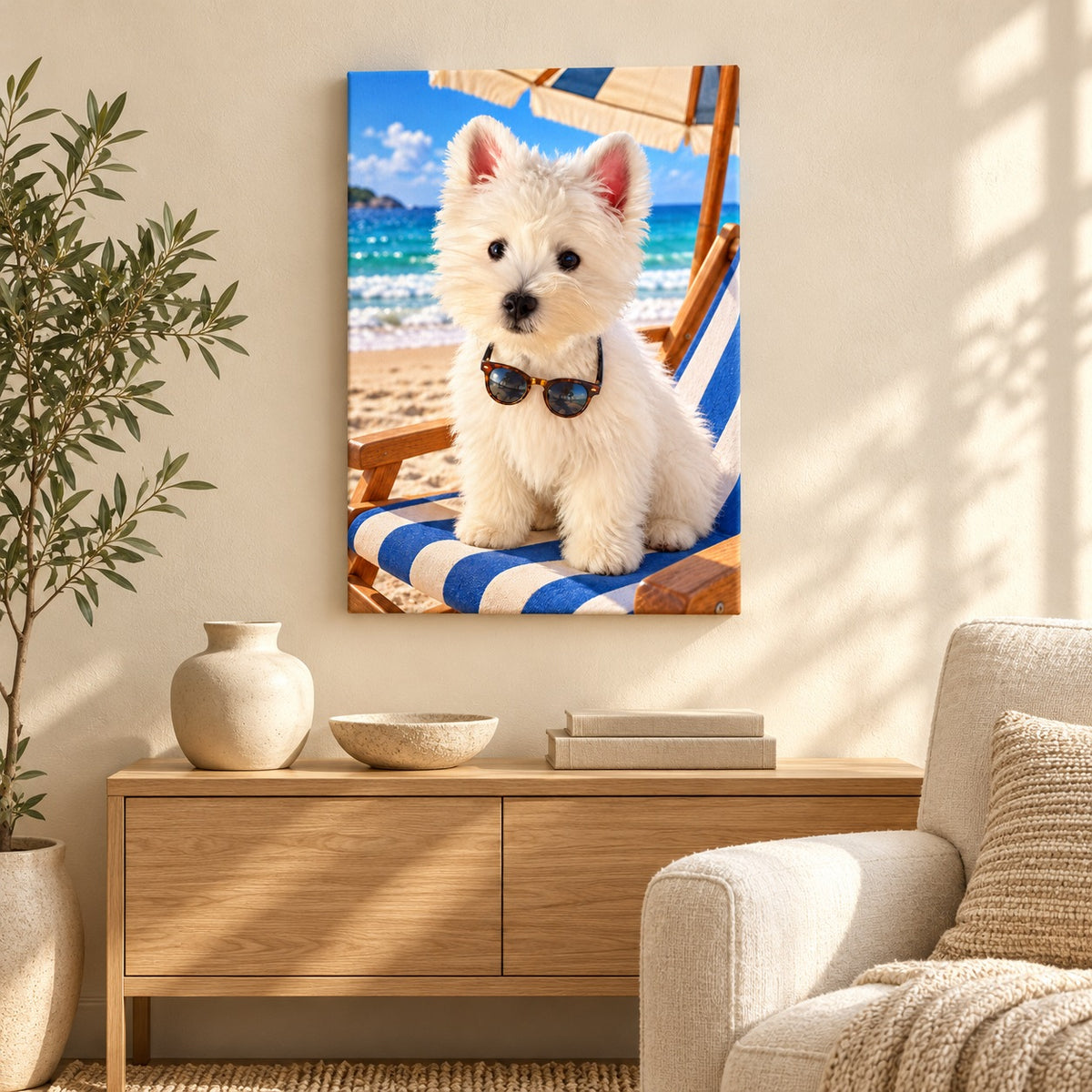 Custom Beach Vacation Pet Portrait Canvas — illustrative room setting