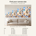Custom Beach Vacation Pet Portrait Canvas — five canvas sizes with estimated sofa scale