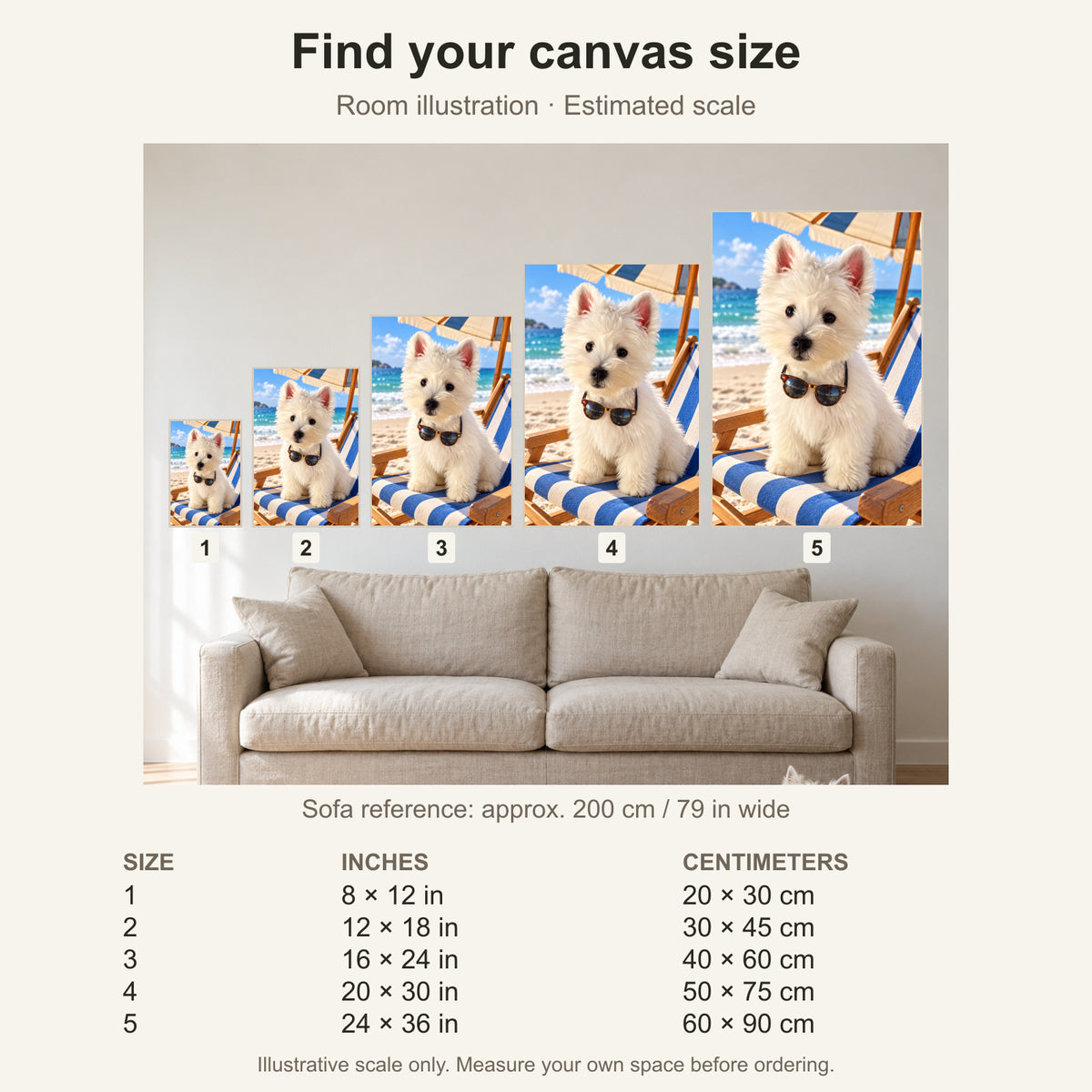 Custom Beach Vacation Pet Portrait Canvas — five canvas sizes with estimated sofa scale
