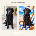 Custom Beach Vacation Pet Portrait Canvas — black Labrador AI photo reference and AI artwork example; not a customer order