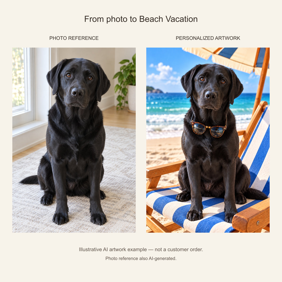 Custom Beach Vacation Pet Portrait Canvas — black Labrador AI photo reference and AI artwork example; not a customer order