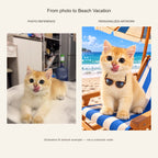 Custom Beach Vacation Pet Portrait Canvas — cat photo reference and AI artwork example; not a customer order