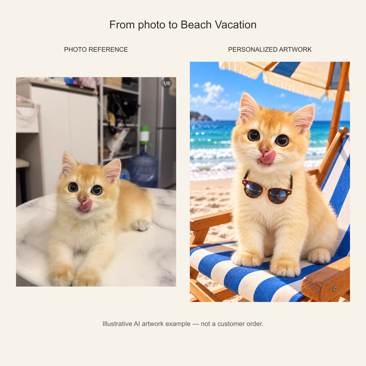 Custom Beach Vacation Pet Portrait Canvas — cat photo reference and AI artwork example; not a customer order