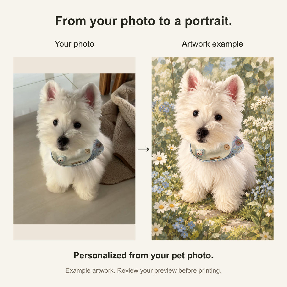 Custom Botanical Garden Pet Portrait Canvas — original photo and artwork comparison