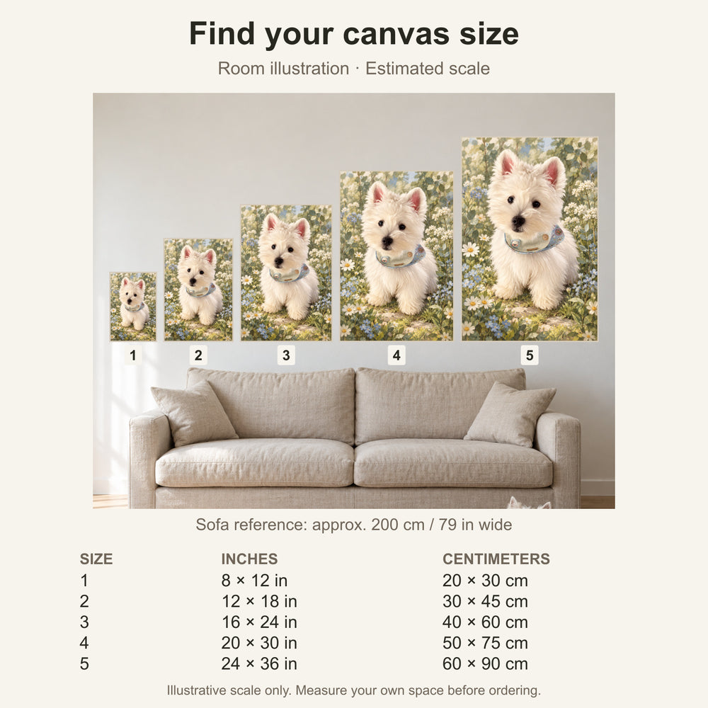 Canvas size guide with estimated sofa scale