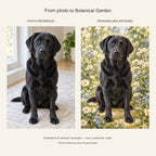 Custom Botanical Garden Pet Portrait Canvas — black Labrador AI photo reference and AI artwork example; not a customer order