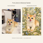 Custom Botanical Garden Pet Portrait Canvas — cat photo reference and AI artwork example; not a customer order