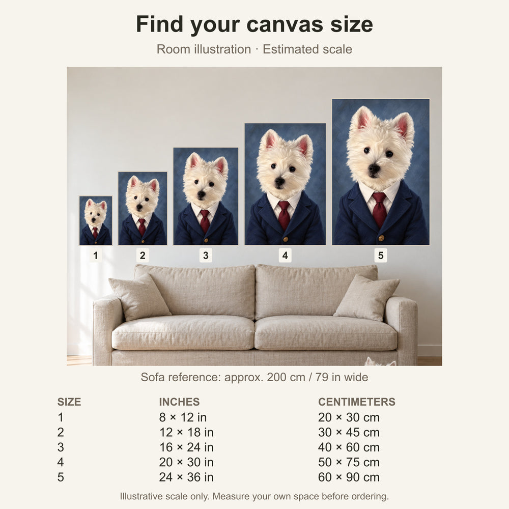 Canvas size guide with estimated sofa scale