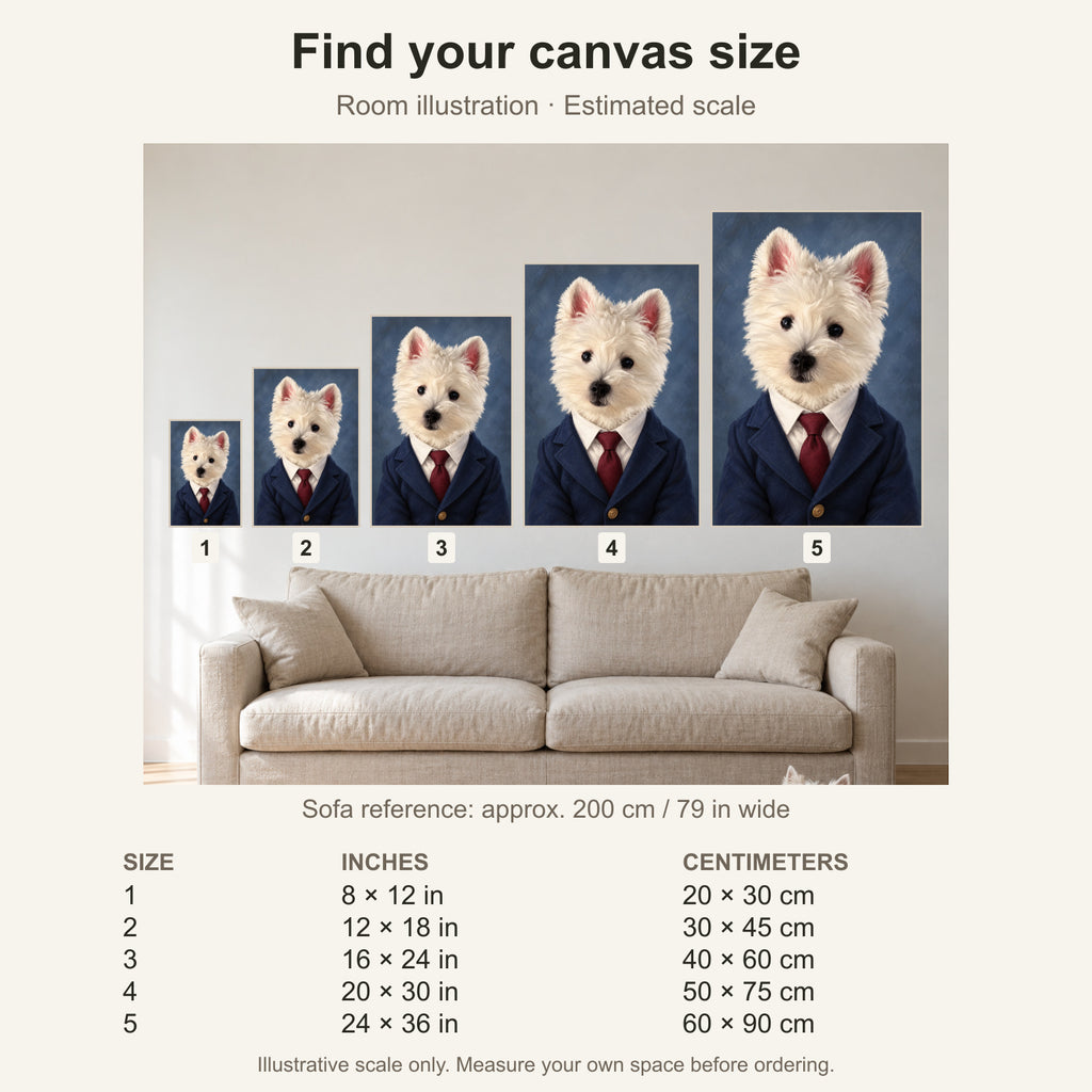 Custom Business Headshot Pet Portrait Canvas — five canvas sizes with estimated sofa scale