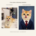 Custom Business Headshot Pet Portrait Canvas — cat photo reference and AI artwork example; not a customer order