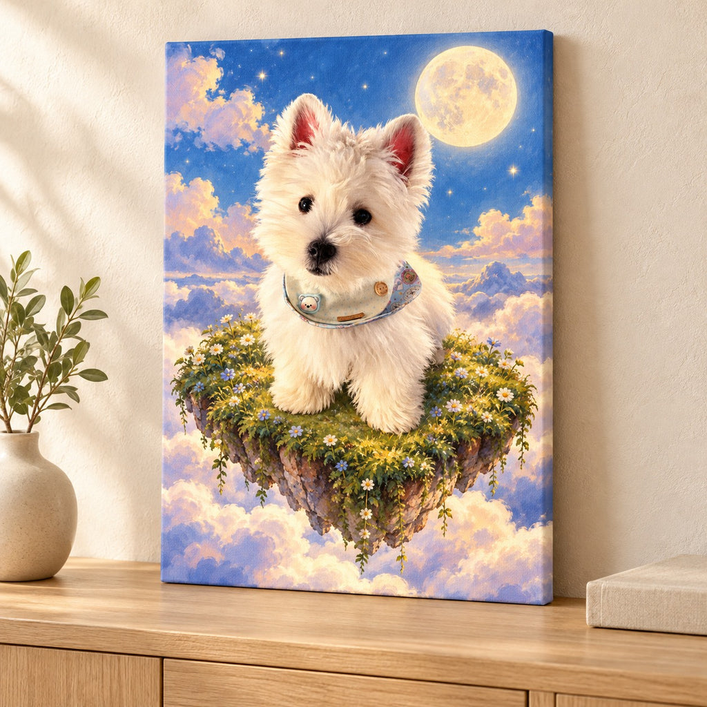 Custom Dreamscape Pet Portrait Canvas — illustrative stretched canvas mockup, no decorative outer frame
