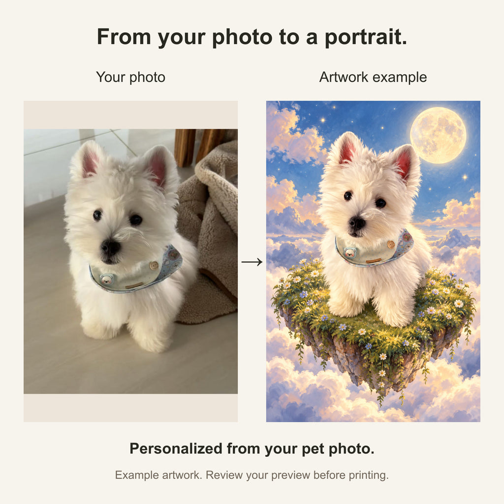Custom Dreamscape Pet Portrait Canvas — original photo and artwork comparison