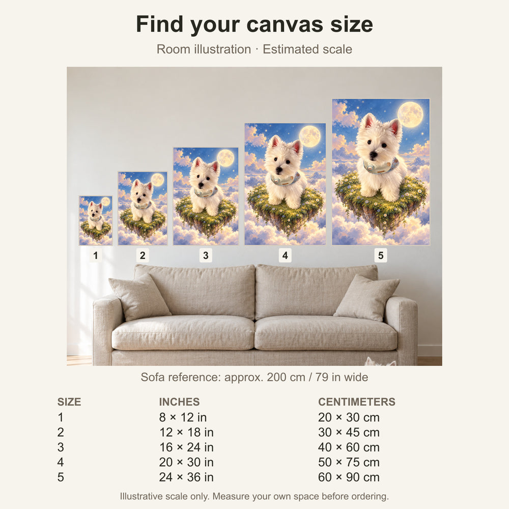 Canvas size guide with estimated sofa scale