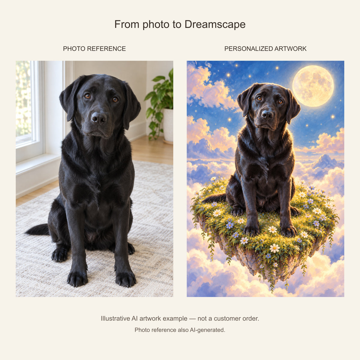Custom Dreamscape Pet Portrait Canvas — black Labrador AI photo reference and AI artwork example; not a customer order
