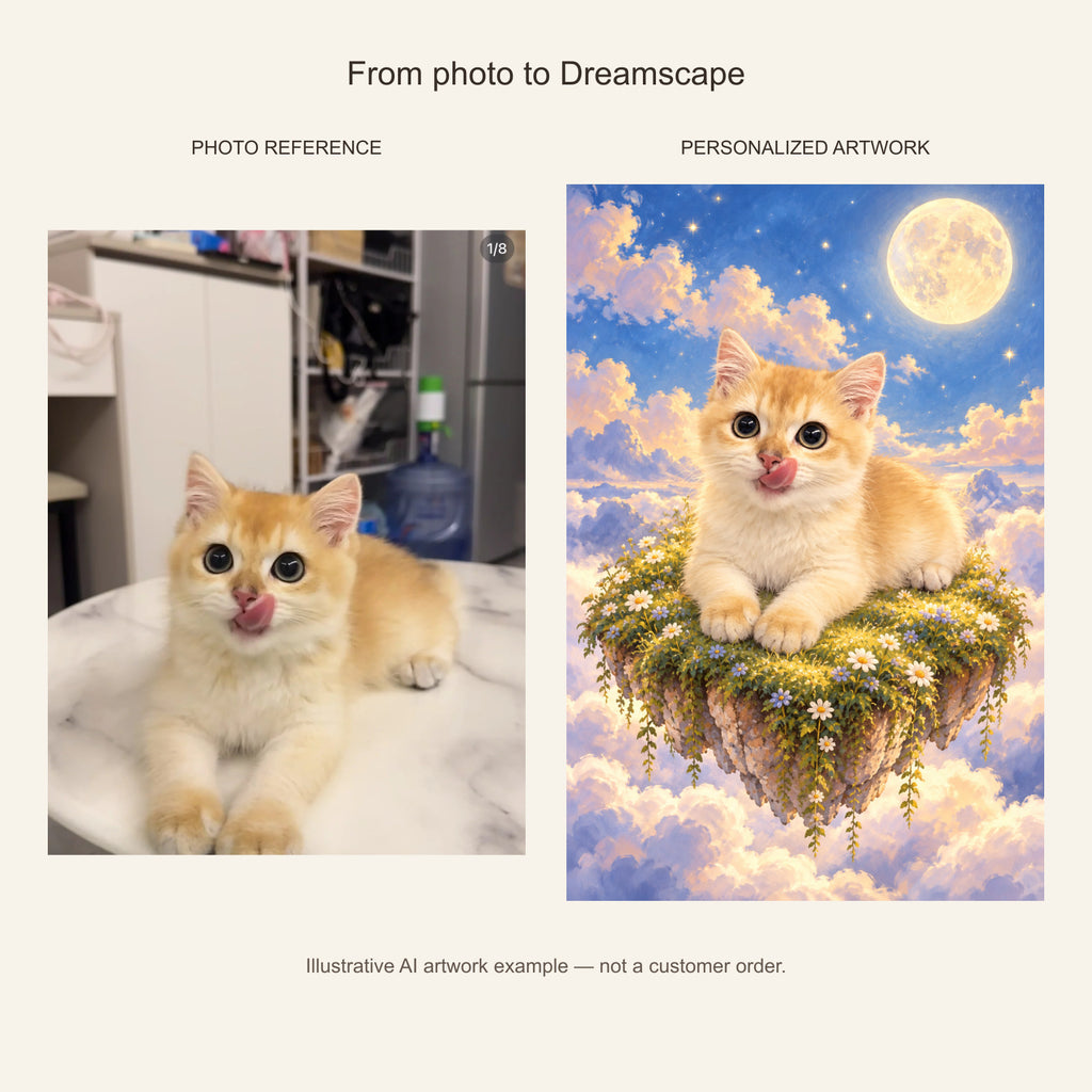 Custom Dreamscape Pet Portrait Canvas — cat photo reference and AI artwork example; not a customer order