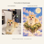 Custom Dreamscape Pet Portrait Canvas — cat photo reference and AI artwork example; not a customer order
