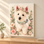 Custom Floral Crown Pet Portrait Canvas — illustrative stretched canvas mockup, no decorative outer frame