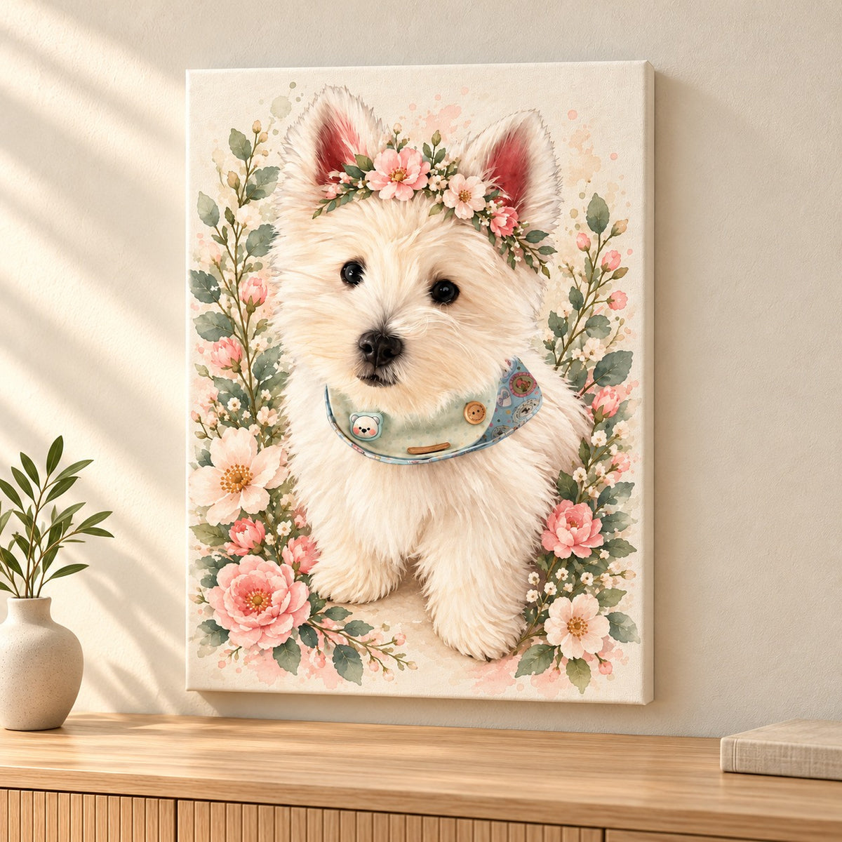 Custom Floral Crown Pet Portrait Canvas — illustrative stretched canvas mockup, no decorative outer frame