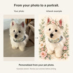 Custom Floral Crown Pet Portrait Canvas — original photo and artwork comparison