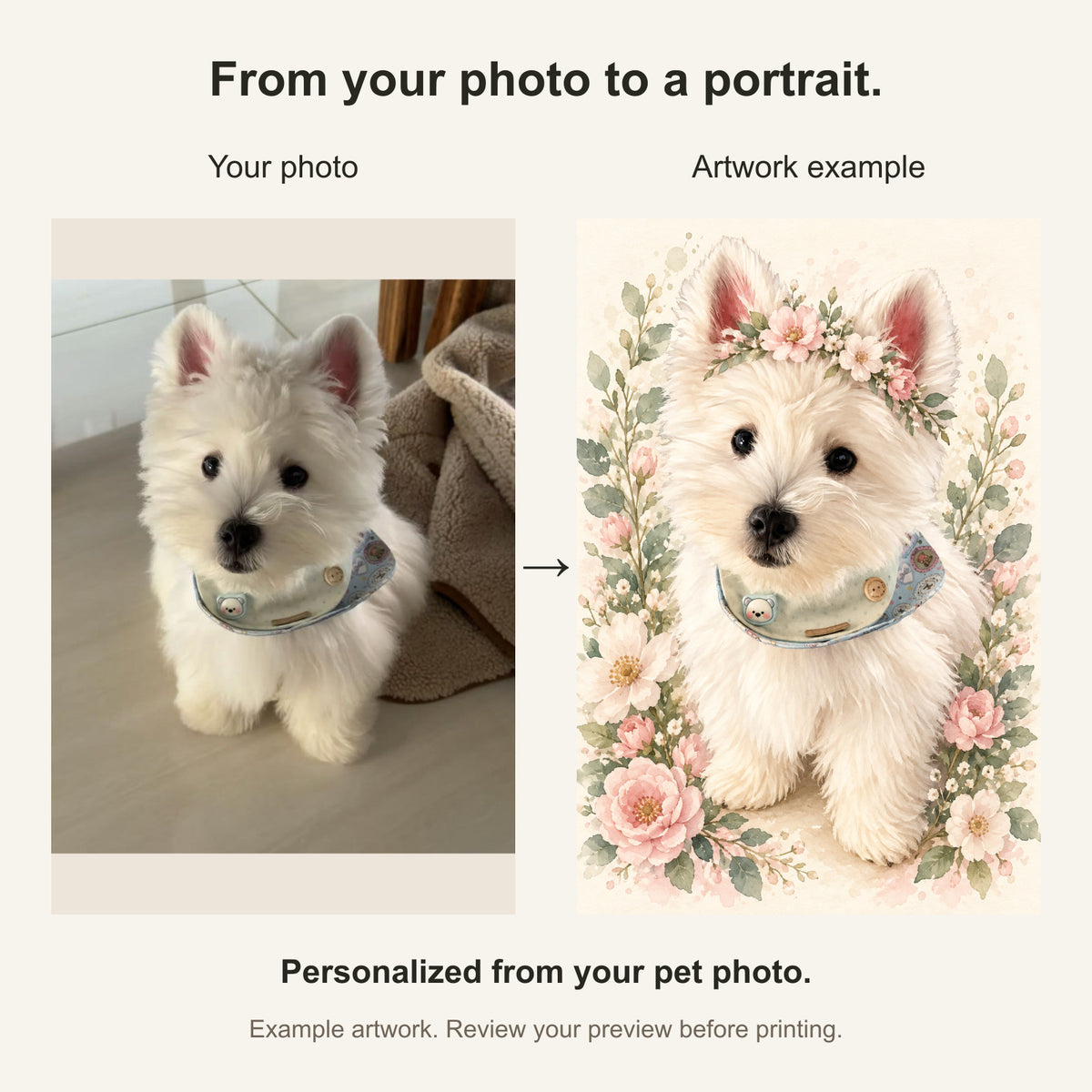 Custom Floral Crown Pet Portrait Canvas — original photo and artwork comparison