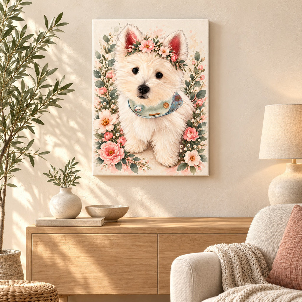 Custom Floral Crown Pet Portrait Canvas — illustrative room setting