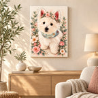 Custom Floral Crown Pet Portrait Canvas — illustrative room setting