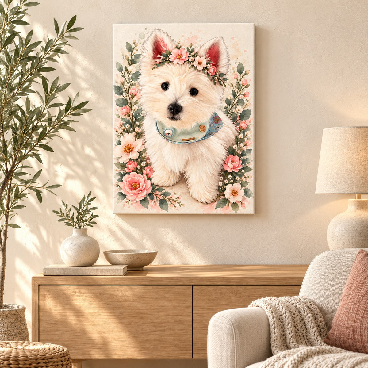 Custom Floral Crown Pet Portrait Canvas — illustrative room setting