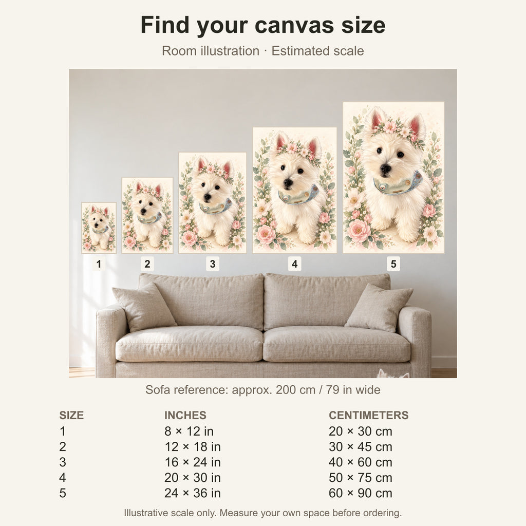Custom Floral Crown Pet Portrait Canvas — five canvas sizes with estimated sofa scale