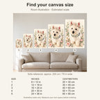 Custom Floral Crown Pet Portrait Canvas — five canvas sizes with estimated sofa scale