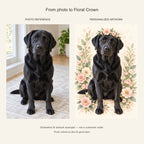 Custom Floral Crown Pet Portrait Canvas — black Labrador AI photo reference and AI artwork example; not a customer order