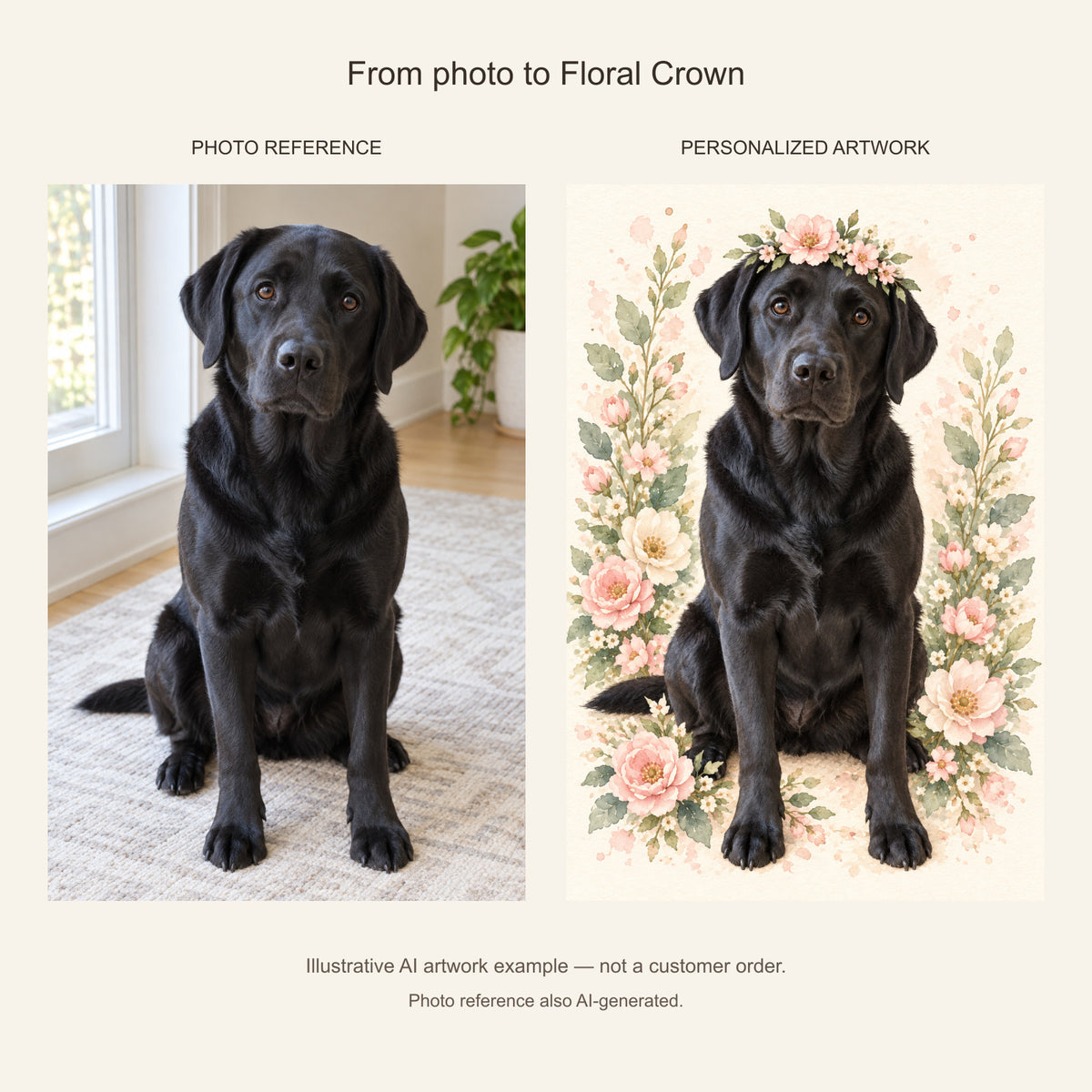 Custom Floral Crown Pet Portrait Canvas — black Labrador AI photo reference and AI artwork example; not a customer order