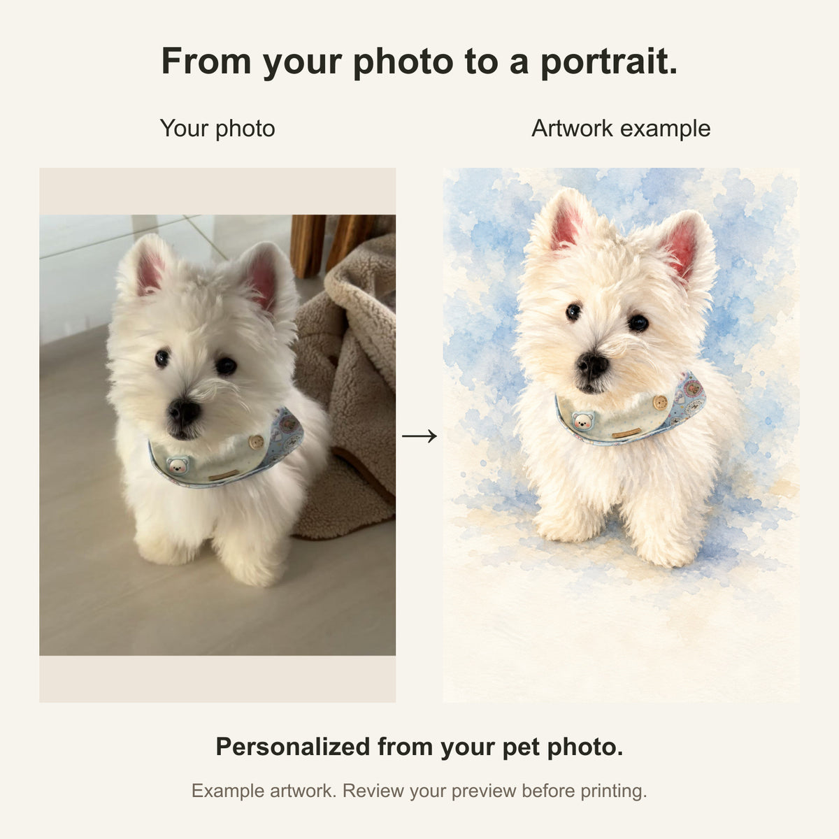 Custom Memorial Keepsake Pet Portrait Canvas — original photo and artwork comparison