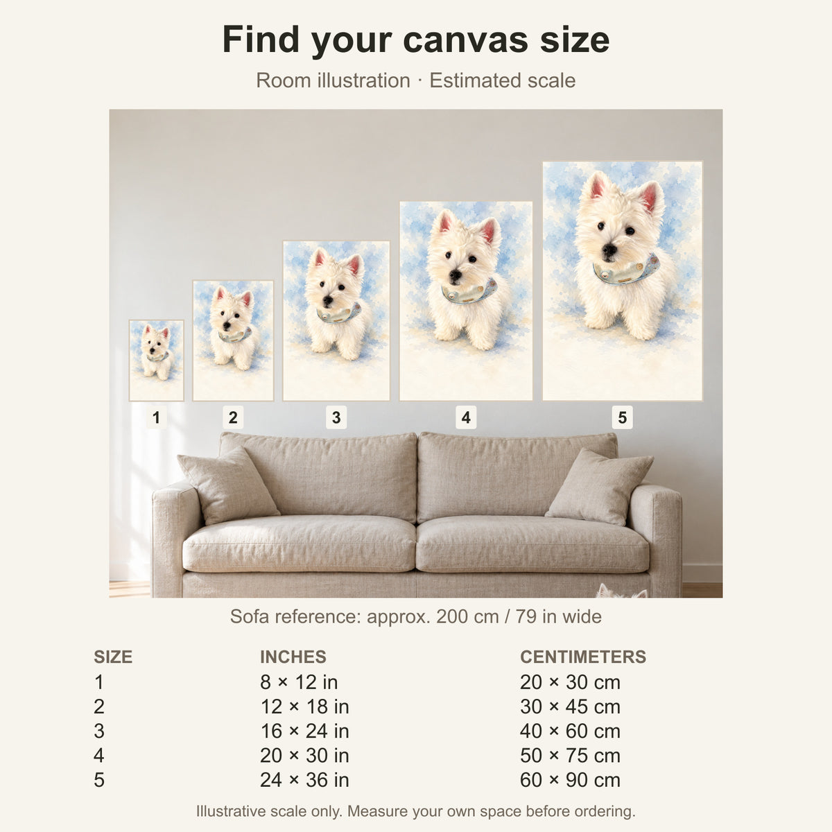 Custom Memorial Keepsake Pet Portrait Canvas — five canvas sizes with estimated sofa scale