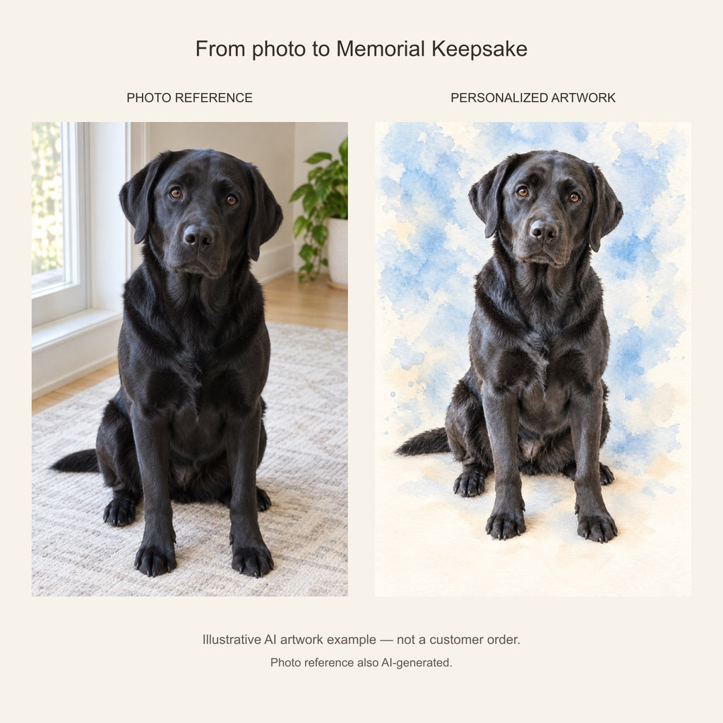Custom Memorial Keepsake Pet Portrait Canvas — black Labrador AI photo reference and AI artwork example; not a customer order