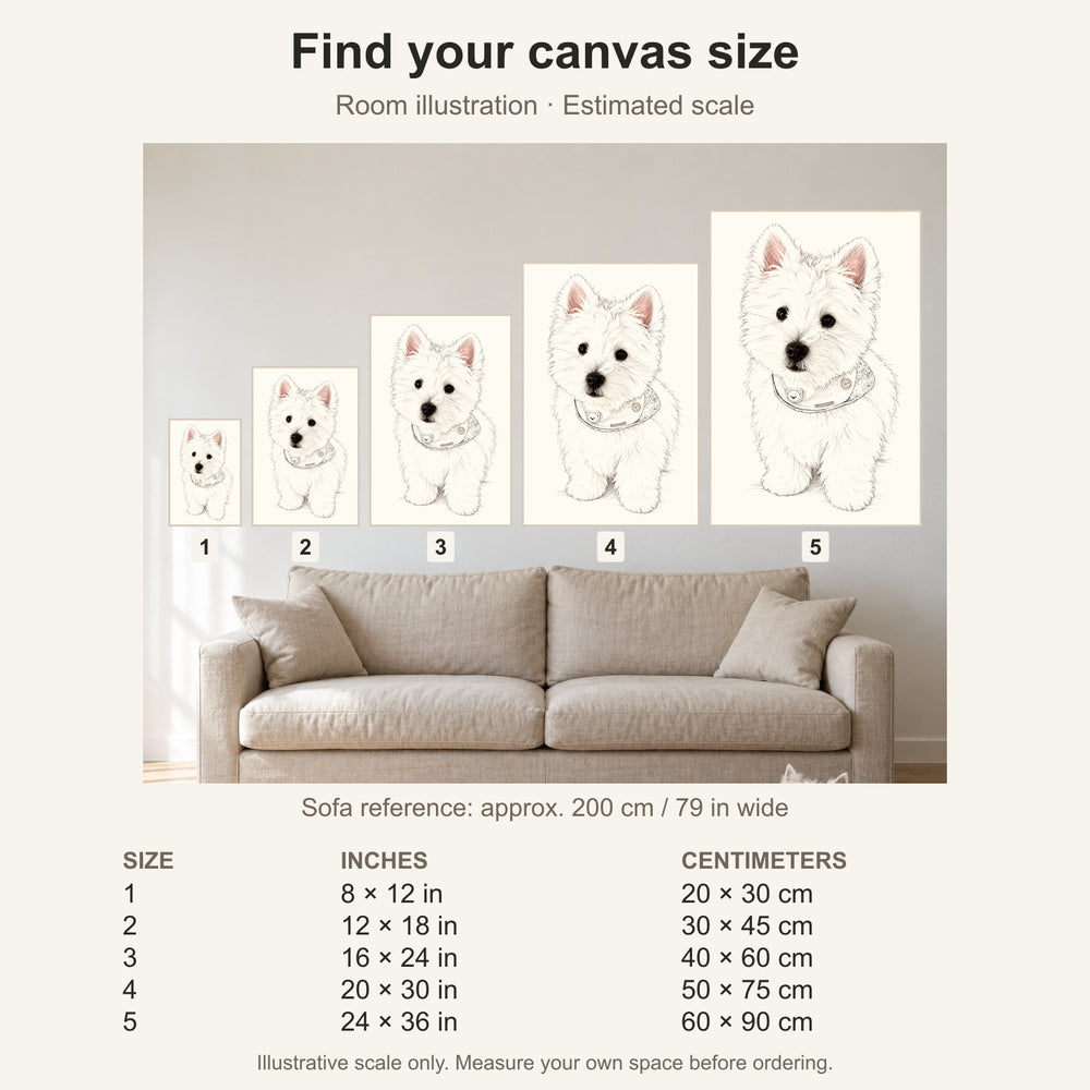 Canvas size guide with estimated sofa scale